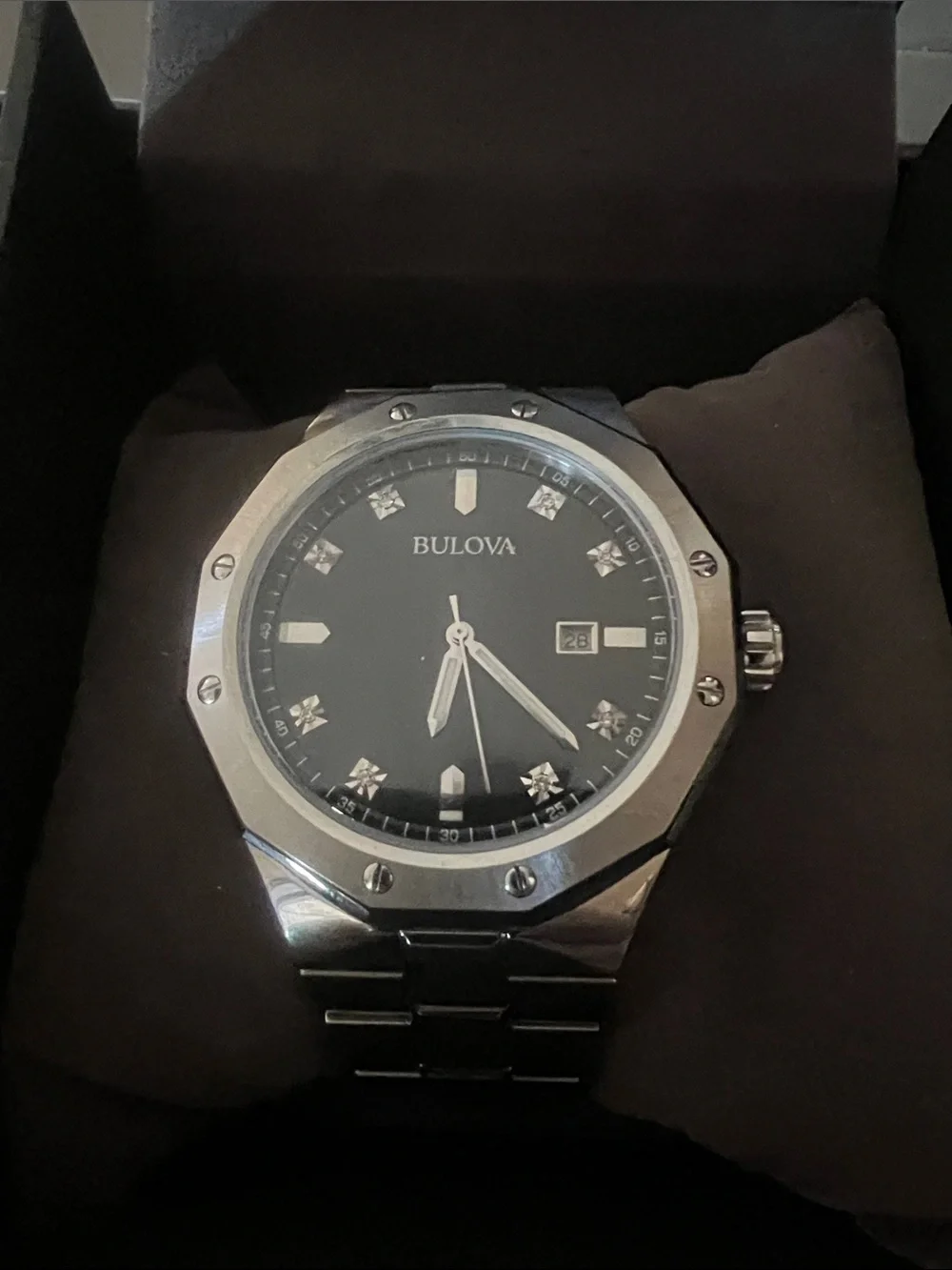 Bulova Men’s Black Dial Stainless Steel Watch with Diamond Markers